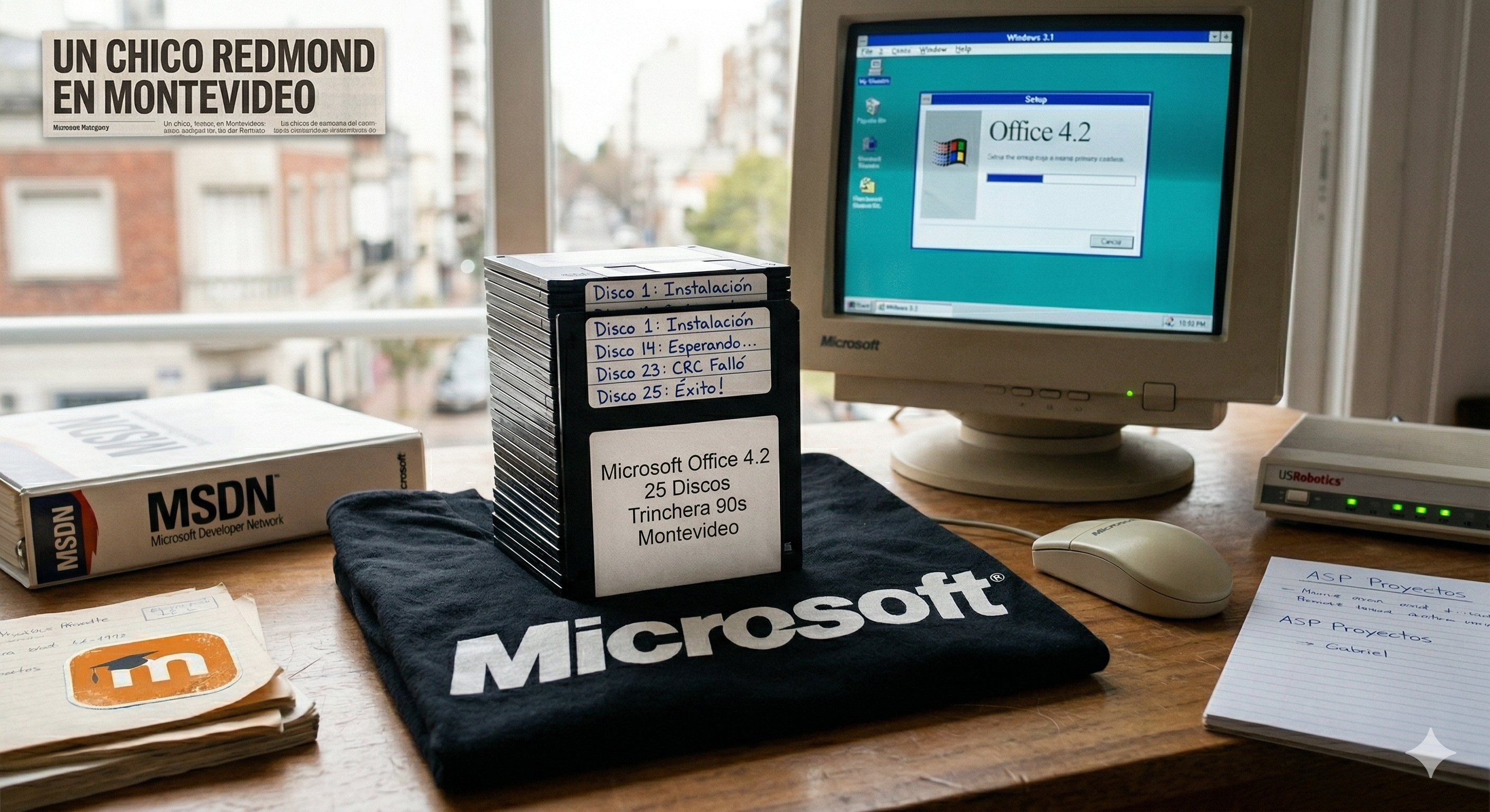 Torre de 25 disquetes de Office 4.2 sobre una remera negra con el logo vintage de Microsoft.