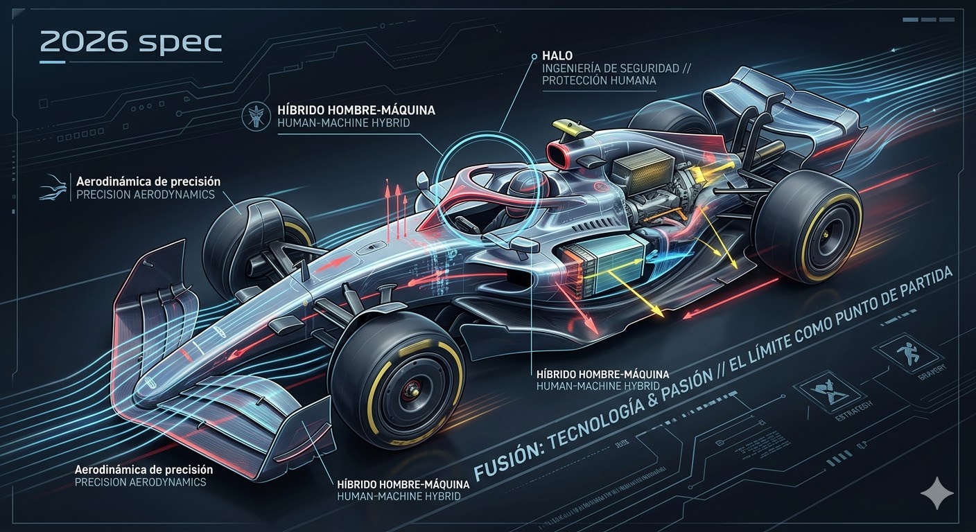 Ilustración técnica conceptual de un F1 fusionando ingeniería y pasión