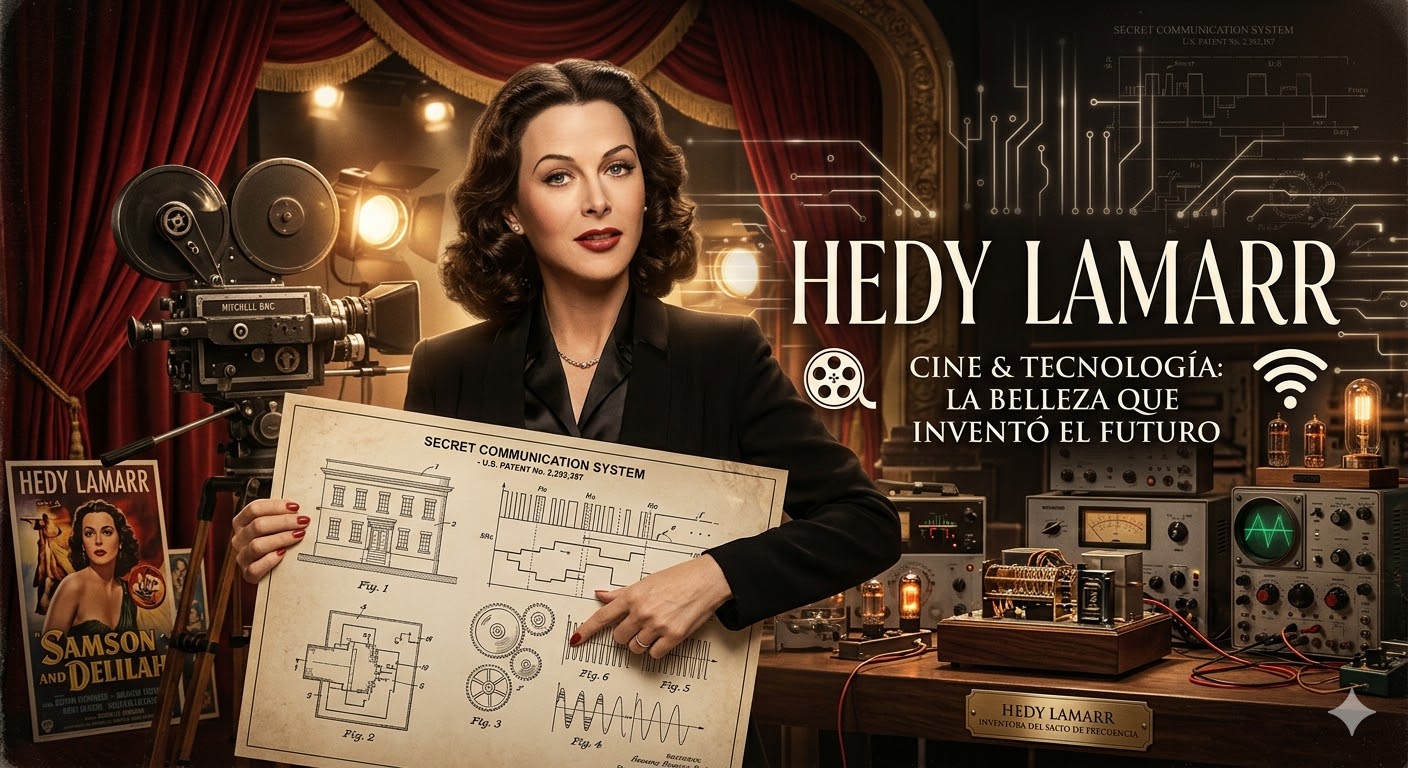 Hedy Lamarr sosteniendo y señalando su plano de patente de 1942 para el Sistema de Comunicación Secreta.