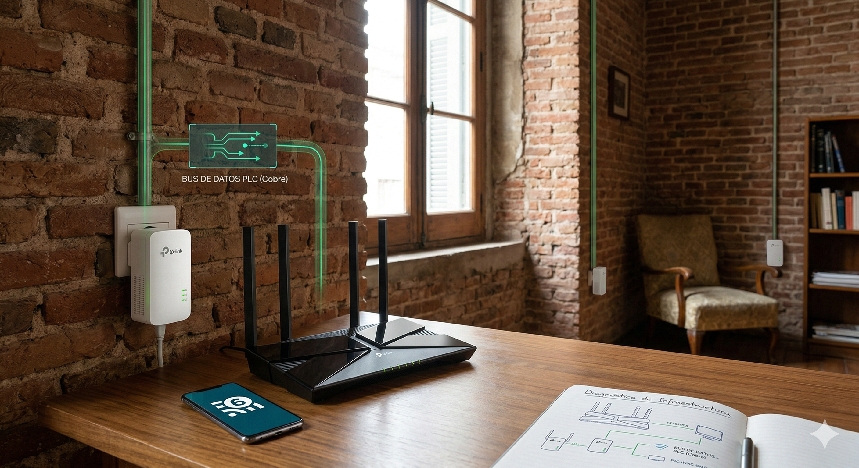 Equipamiento de red TP-Link Wi-Fi 6 y PLC sobre un escritorio con diagramas técnicos.