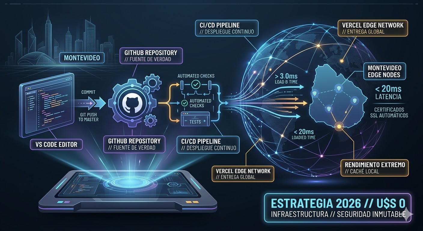 Ilustración técnica del 'Zero Cost Stack' usando GitHub, Vercel y CI/CD para el hosting en 2026