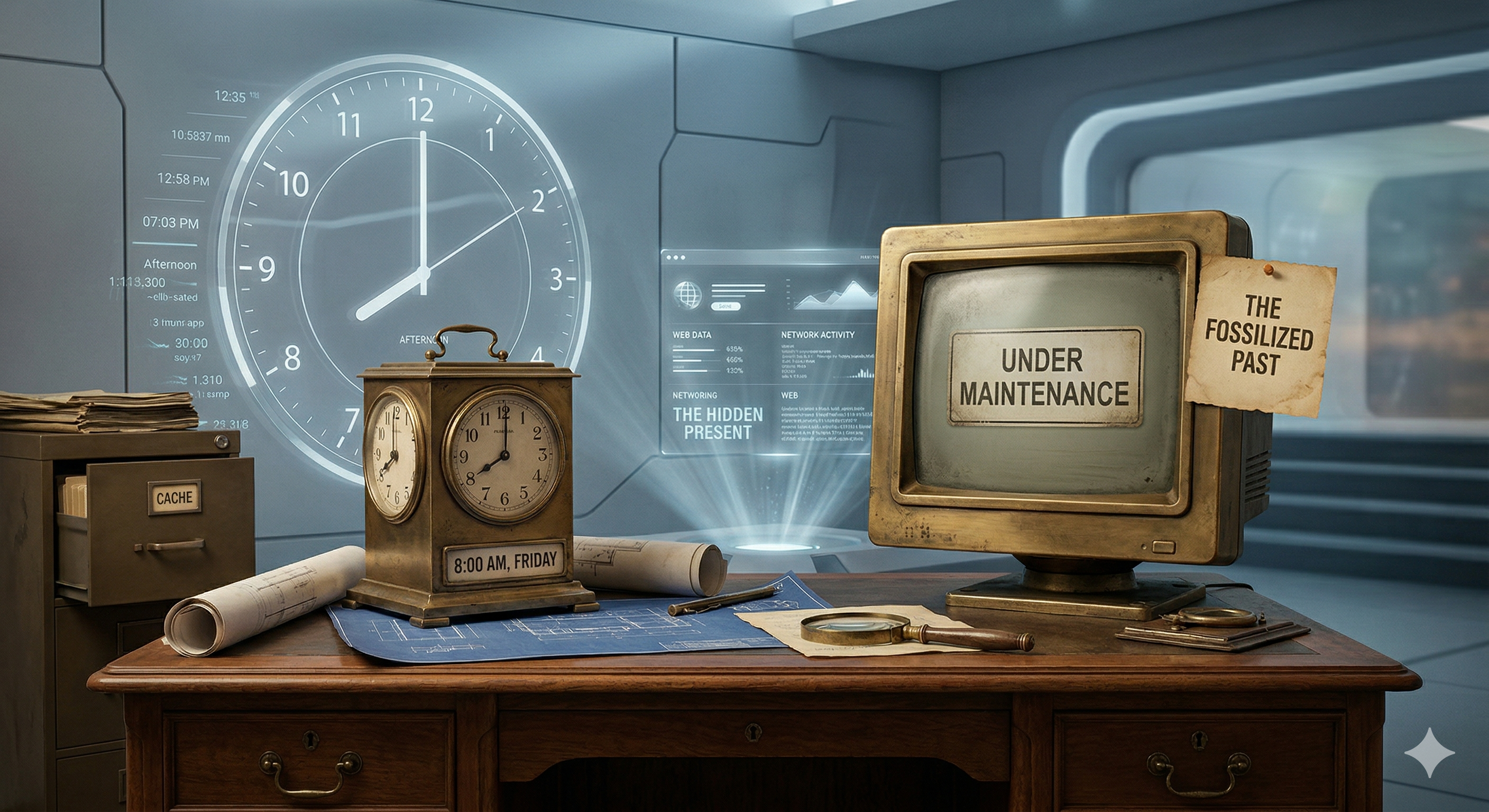 Representación abstracta de relojes y un pc, ilustrando la brecha de tiempo de la memoria caché