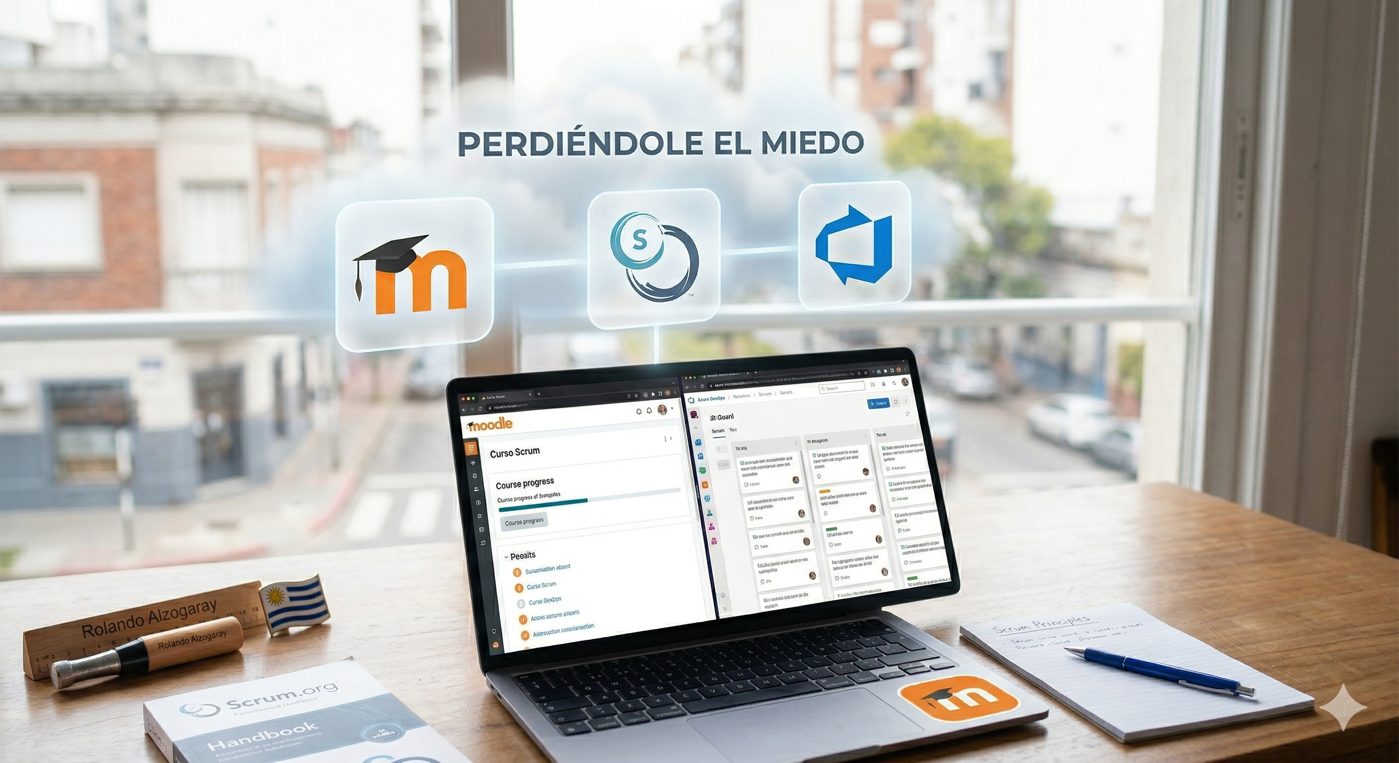Diagrama conceptual de la integración de Moodle, Scrum y Azure DevOps sobre un escritorio de trabajo en Montevideo.